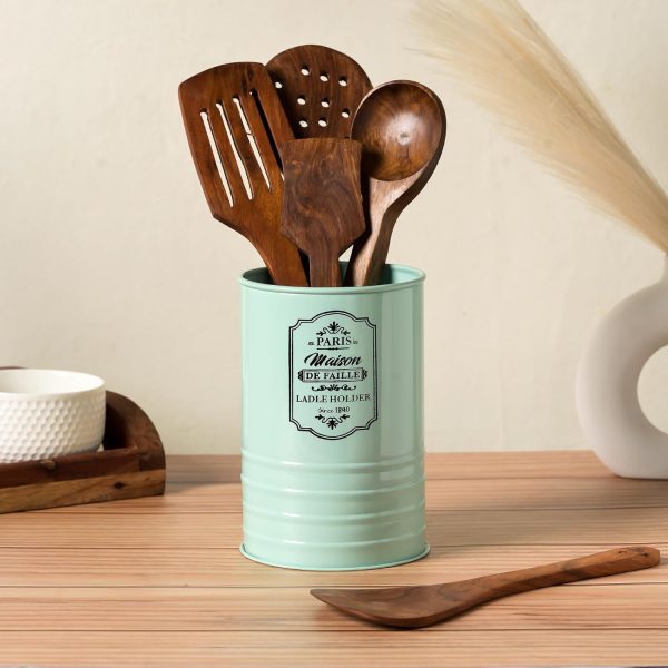 houzo kitchen utensil holder (cyan) | cutlery, ladle, spatula, big spoon stand | durable metal organizer | multi compartment countertop storage for modern kitchens