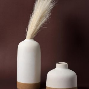 houzo rustic white & brown ceramic vase set of 2 | modern textured vases for pampas grass, flowers | home decor centerpiece tabletop