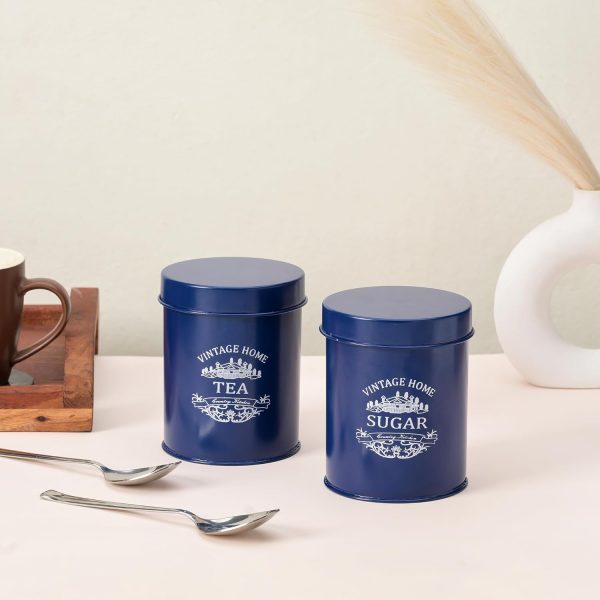 houzo tea & sugar container set of 2 (blue, 900ml) | airtight metal storage jars with lid | kitchen counter organizer | durable food grade pantry canisters for tea, sugar, spices