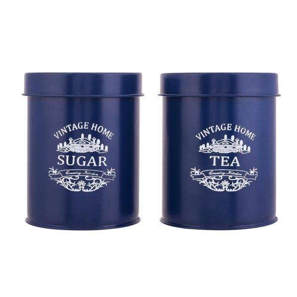 houzo tea & sugar container set of 2 (blue, 900ml) | airtight metal storage jars with lid | kitchen counter organizer | durable food grade pantry canisters for tea, sugar, spices
