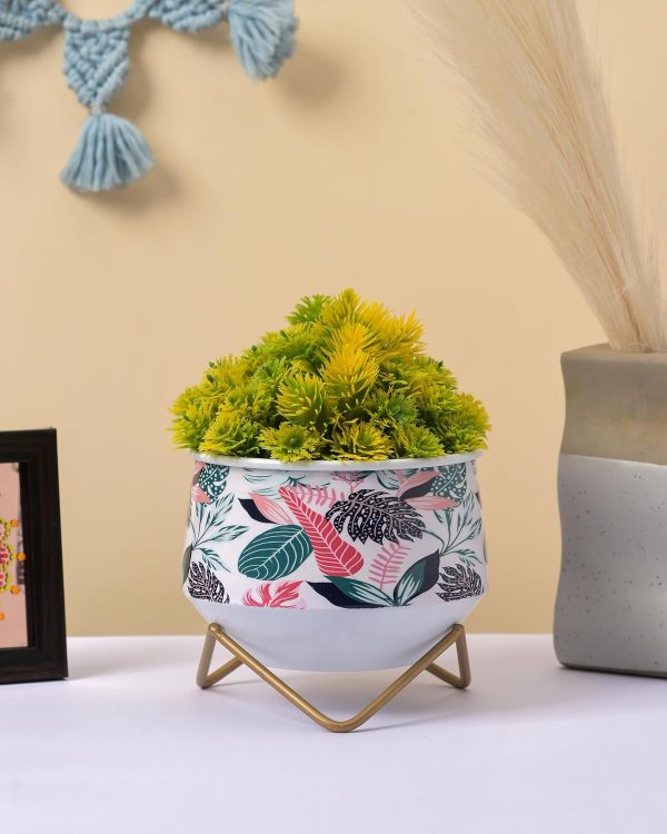 houzo metal floral design planter with iron stand | elegant indoor outdoor small plant pot for balcony, living room, tabletop, garden | succulent herb flower holder | gift for plant lovers