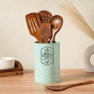 houzo kitchen utensil holder (cyan) | cutlery, ladle, spatula, big spoon stand | durable metal organizer | multi compartment countertop storage for modern kitchens