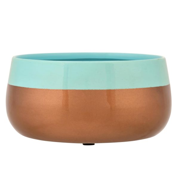 houzo cyan & copper metal planter with iron stand | modern decorative pot for succulents, cactus, herbs | indoor outdoor tabletop plant holder for home, balcony, garden | gift item