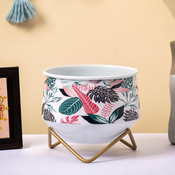 houzo metal floral design planter with iron stand | elegant indoor outdoor small plant pot for balcony, living room, tabletop, garden | succulent herb flower holder | gift for plant lovers