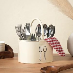 houzo metal tableware cutlery holder | multi compartment kitchen utensil organizer for spoons, knives, forks, chopsticks | compact off white stand