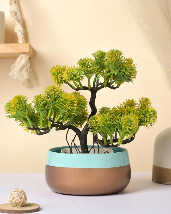 houzo cyan & copper metal planter with iron stand | modern decorative pot for succulents, cactus, herbs | indoor outdoor tabletop plant holder for home, balcony, garden | gift item