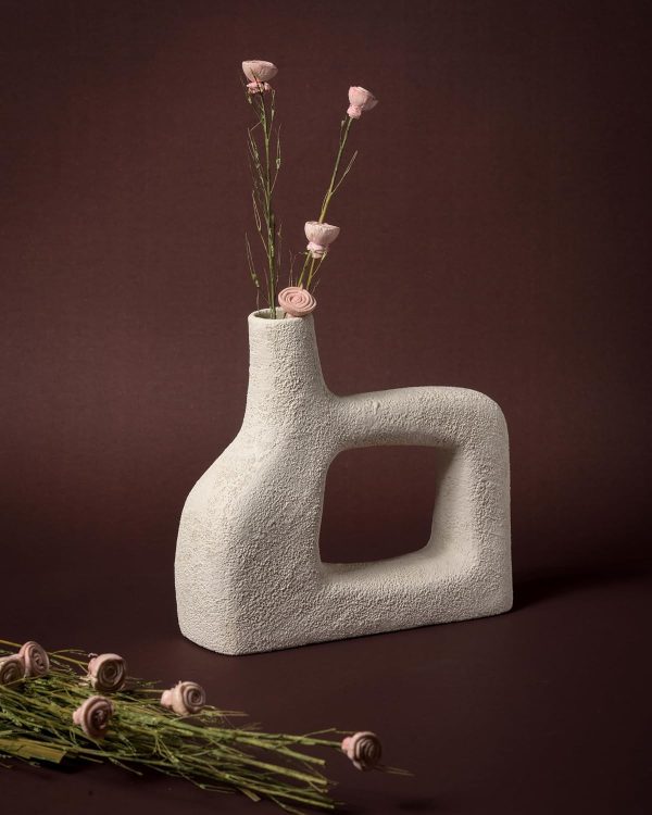 houzo white textured ceramic flower vase | ancient egyptian inspired home decor accent | ideal for pampas grass, fresh & dried flowers | modern centerpiece for living room & tabletop